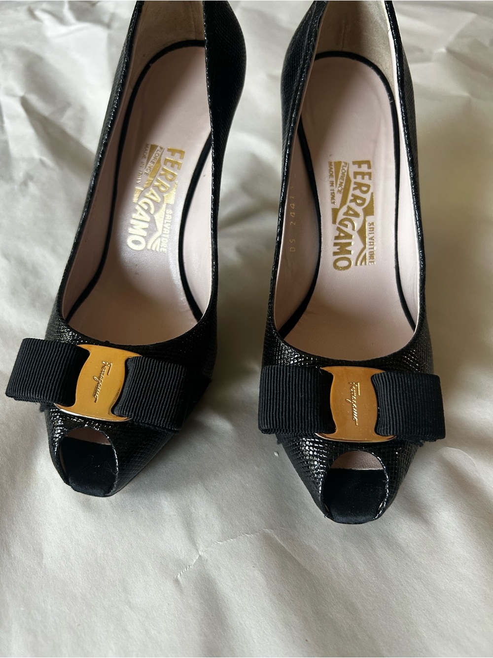 Salvatore Ferragamo Black Peep-Toe Vara Bow Pumps with Gold Plate